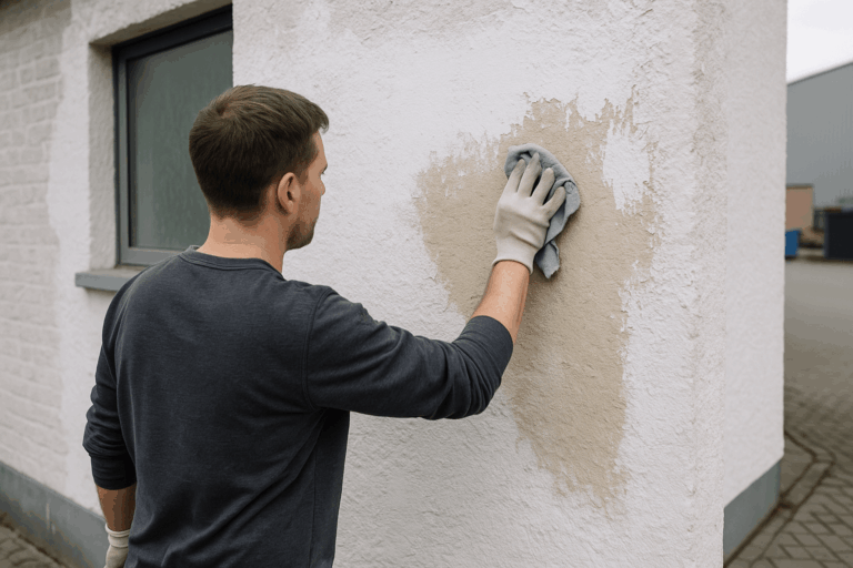 Een man die verf van een muur aan het verwijderen is met een doek